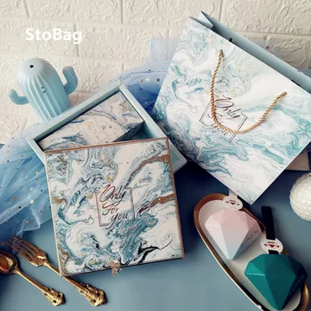 

StoBag 10pcs Bule Marbling Only For You Birthday Wedding Gift Boxes Handbags Supplies Candy Biscuit Event & Party Decorate