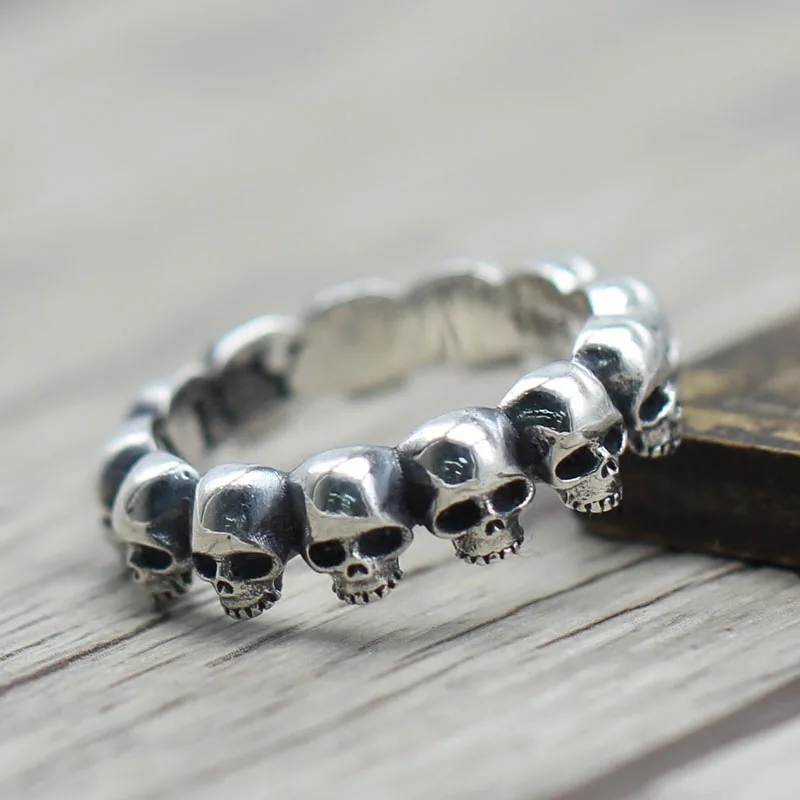 

S925 Sterling Silver Ornaments Retro Skeleton Head Closed Men Women Finger Ring Thai Silver Personality Punk Wind Ring