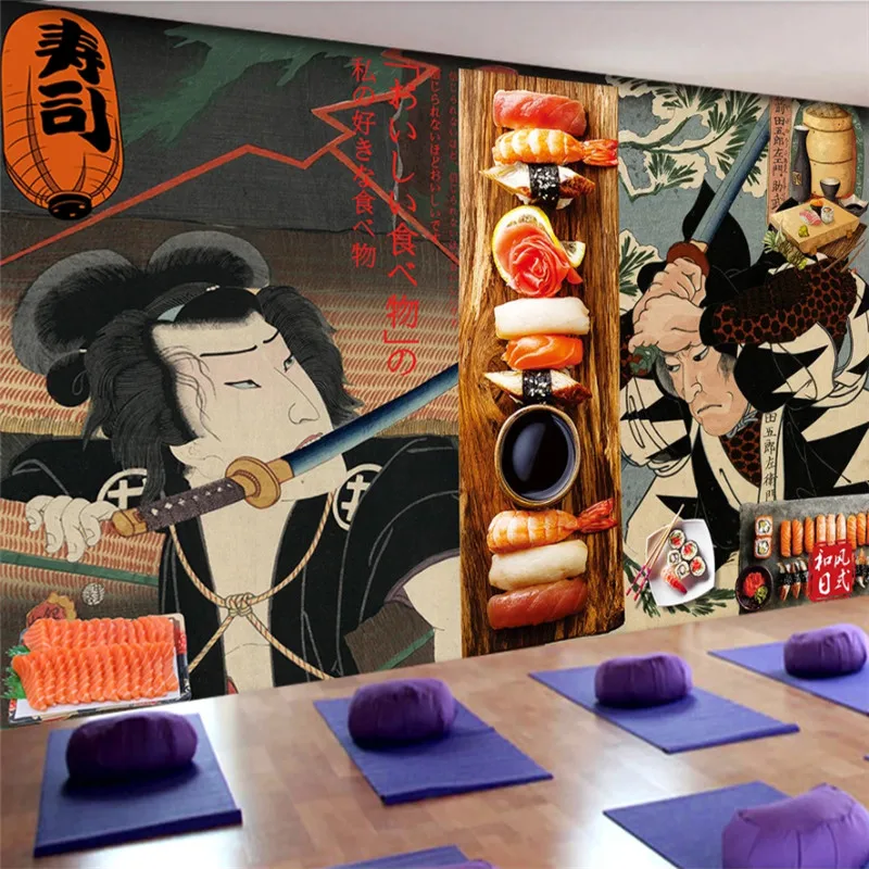Японский стиль Ukiyo e Самурай суши кухня фон настенная бумага 3D Ретро Ресторан