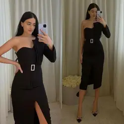 Fashionable One Shoulder Front Slit Black Satin Bball Dress Tea Long Sleeve Front De Coctel платье  robe de soirée de mariage