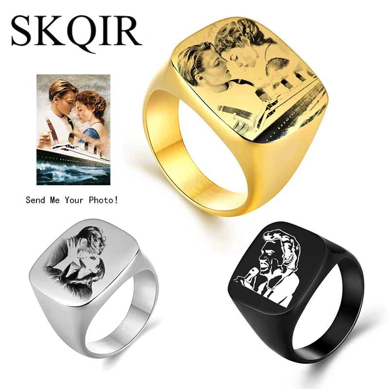 

Custom Photo Rings Black Gold Silver Stainless Steel Ring Hombre Jewelry Lover Personalized Couple Women Wedding Sweet Love Gift