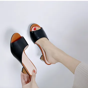 

Summer 2019 High Heels Slides Peep Toe White Black Concise Women's Shoes Plus Size Party Outdoor Slippers Daily Slide
