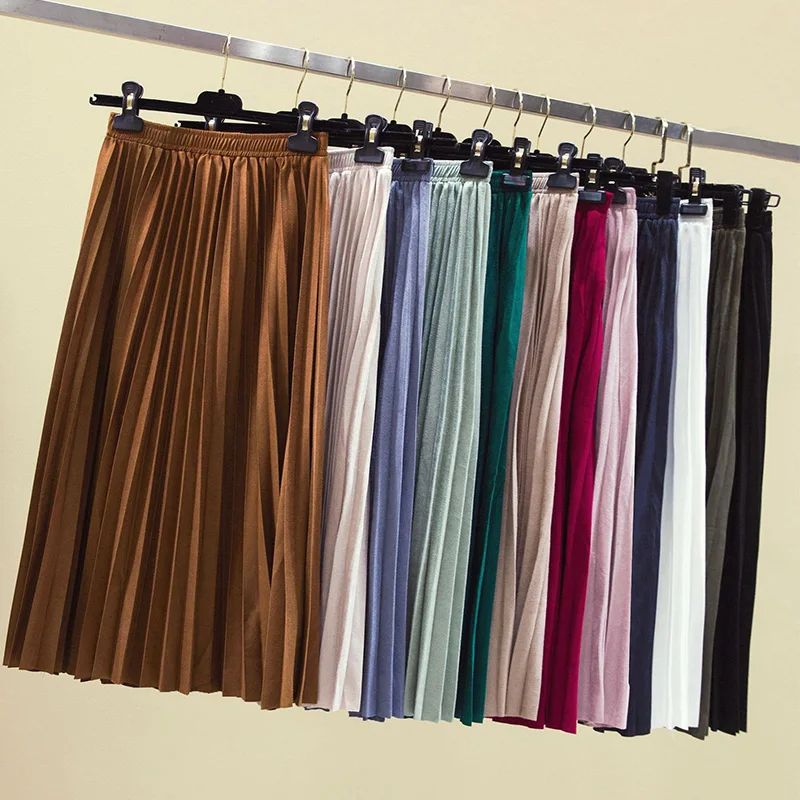 Осенняя плиссированная юбка, Женская винтажная юбка с высокой талией, однотонные длинные юбки, новая модная юбка цвета металлик, женские повседневные вечерние юбки G101007