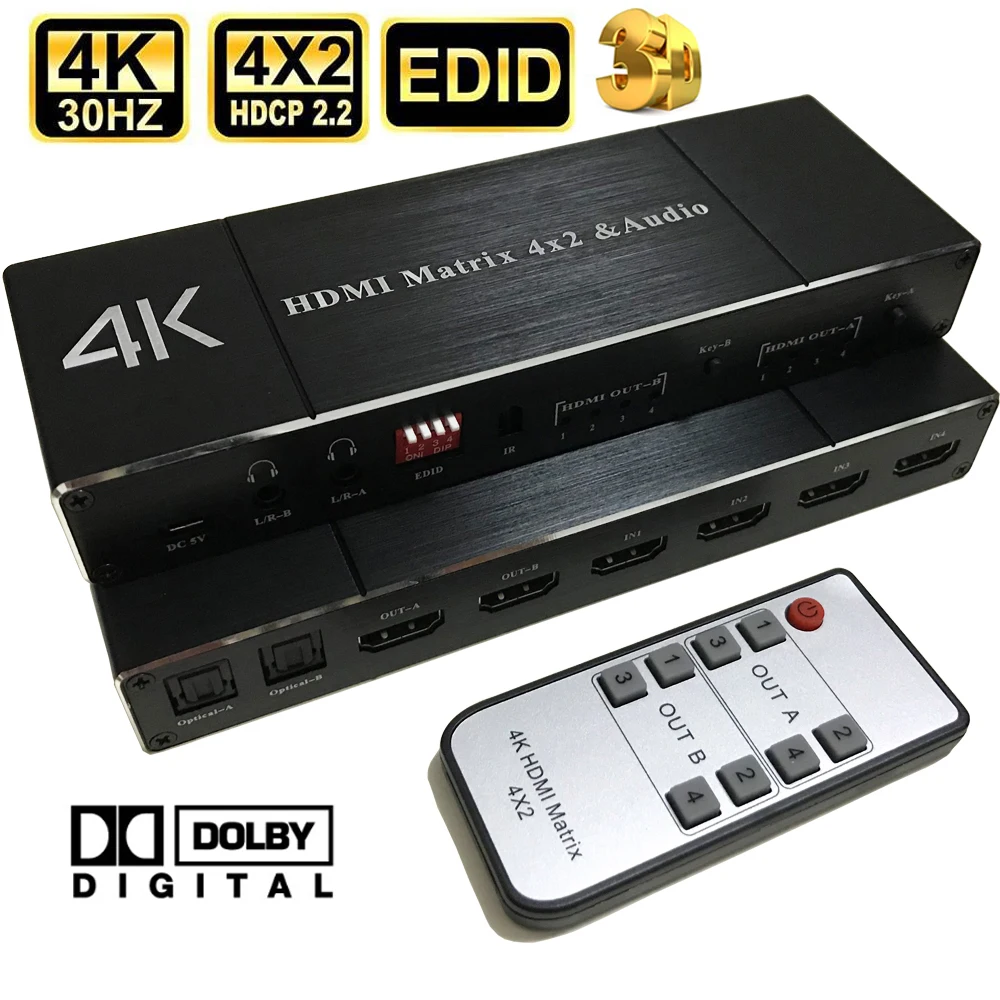 HDMI матричный переключатель 4x2 4K @ 30 Гц hdmi Разделитель с SPDIF и L/R 3 5 мм аудио