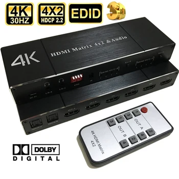 

HDMI Matrix Switch 4x2 4K@30Hz hdmi Splitter with SPDIF and L/R 3.5mm HDMI Audio Extractor HDMI 1.4b Switch Support HDCP 2.2 3D