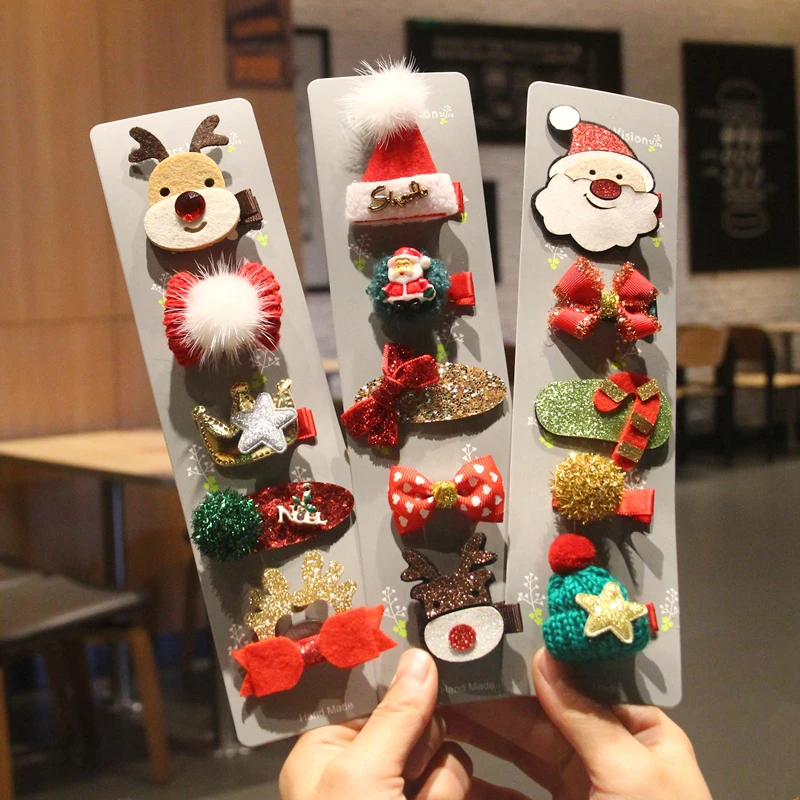 

5pcs Christmas Hair Accessories For Baby Girls Cute Cartoon Santa Claus Headwear Kids Children Hairpin Hairgrip Infant Barrettes