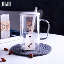 JOUDOO, стеклянная чашка с милым мультяшным медведем, термостойкая стеклянная кружка для воды с крышкой, Офисная домашняя емкость, чашка для питья 35