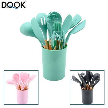 Silicone Kitchenware Cooking Utensils Set Non-stick Cookware Spatula Shovel Egg Beaters Wooden Handle Kitchen Cooking Tool Set 1