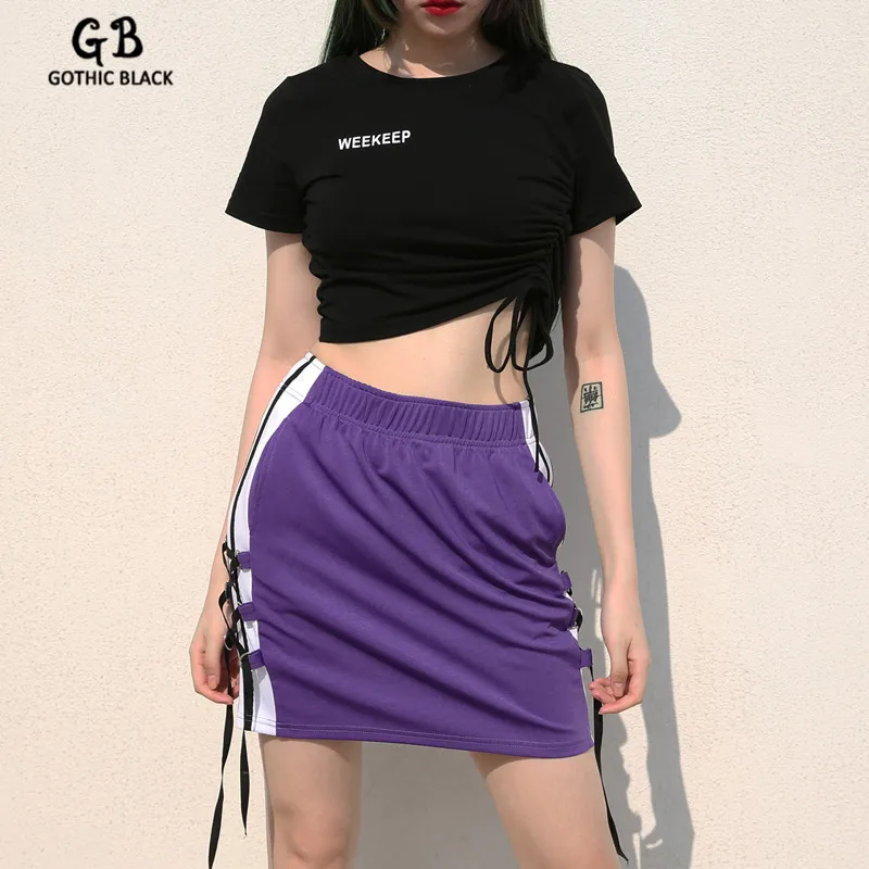

Gothic Black Sexy Women O-Neck Splice Short Sleeve Letter Printing Unilateral Folds Slim Short T-shirt Goth Female Dark Crop Top