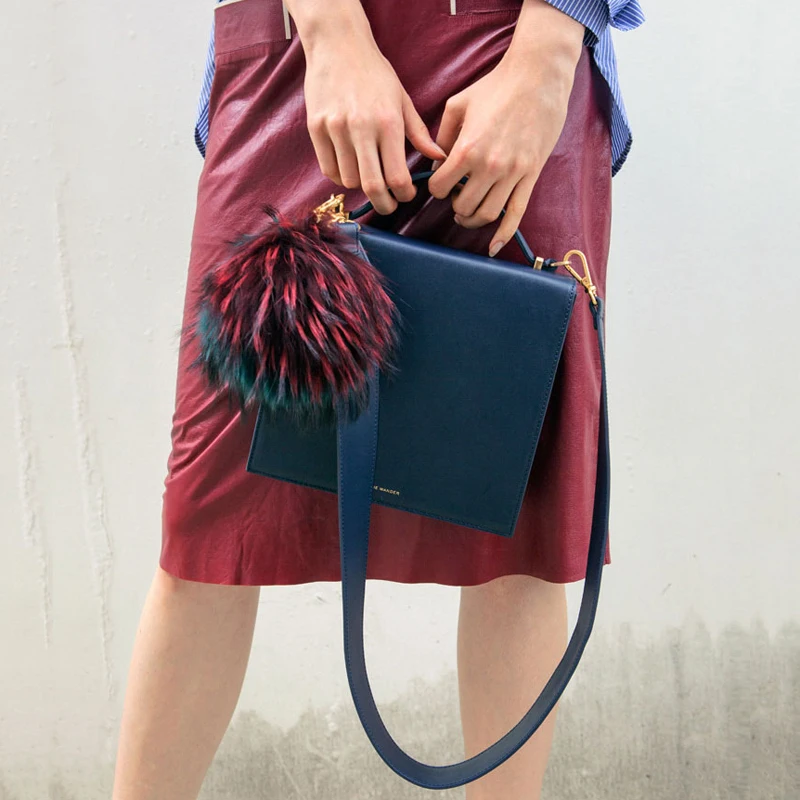 

2018 New Fur Bag Women With Two Straps and Fur Ball Leather Fur Strap Designer Purses and Handbags Autumn Winter Dark Blue Green