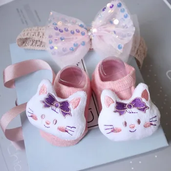 

New Baby Socks And Headband Set Lovely Flowers Decorated Anti-Slip Cotton Ankle Socks With Elastic Hair Band Set