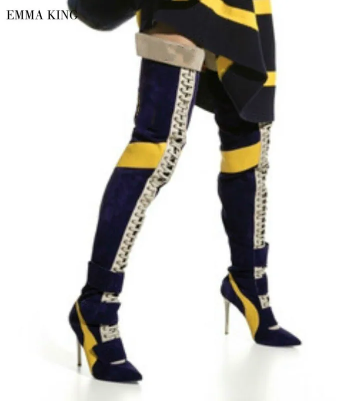

Patchwork Suede Over-The-Knee Boots Cross-tied Women Thigh High Boots 10/12cm High Heels Women Motorcycle Boots Dress Shoes