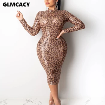 

Women Long Sleeve Leopard Sequined Bodycon Dress Sexy Fall Winter Evening Party Club Midi Dress Elelgant Sparkly Dress