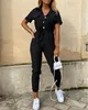Women Casual Solid Color Jumpsuit 2022 Summer Deep V Neck Button Shirt Overalls Short Sleeve Office Lady One Piece Romper Belt ► Photo 3/6