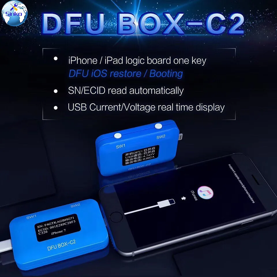 

JC DFU BOX C2 Restoring Rebooting IOS Restore Reboot Instantly SN ECID MODEL Information Reading USB Current voltage Display