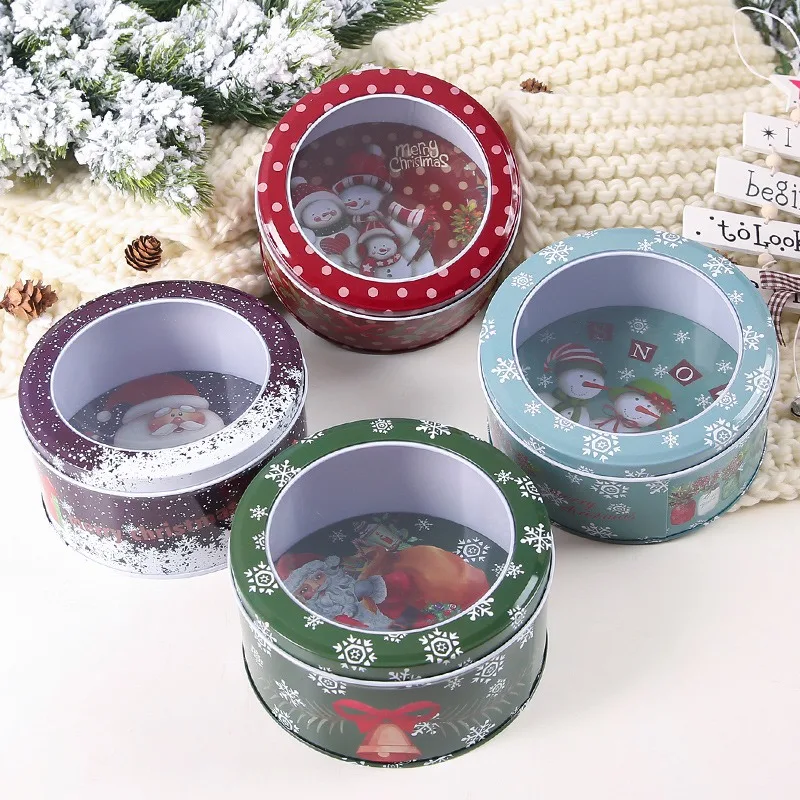 Christmas Themed Metal Round Tin Case Containers With Clear Window Lids