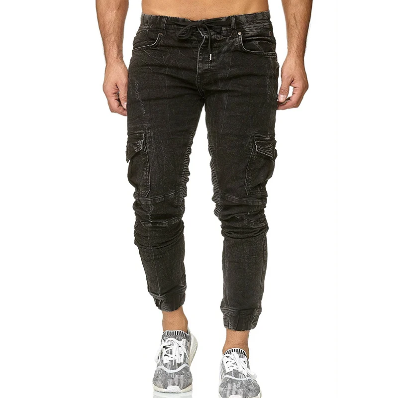 Black Jeans Men Брендовые мужские джинсы модные джинсовые брюки карго с боковым карго карманом обтягивающие джинсы мужские хип-хоп брюки размера плюс мужская одежда - Цвет: Black Jeans Men