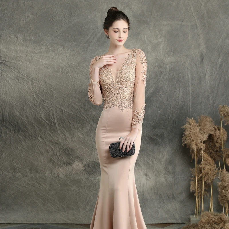 YIDINGZS бургундское вечернее платье с v-образным вырезом и аппликацией из бисера с длинным рукавом прозрачное элегантное вечернее платье YD16357