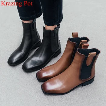 

2020 new cow leather slip on square toe med heels ankle boots dress neutral classics runway casual brand women winter shoes L43