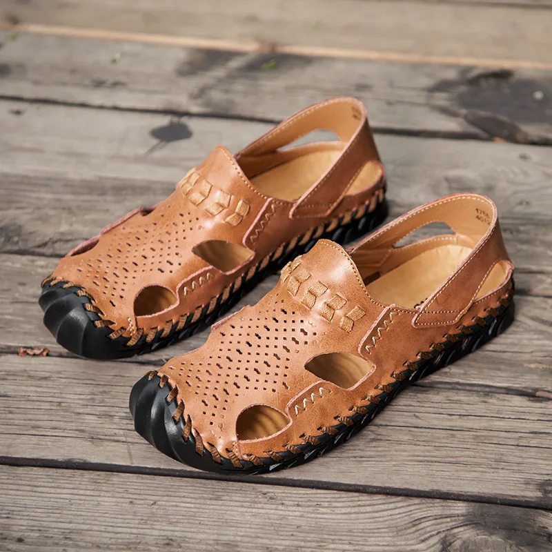 

Summer MEN'S Sandals Porous Shoes Low Top Foot Covering Closed-toe Cowhide Surface Large Size Car Suture Handmade Sandals