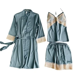 Sexy 3PCS Women Kimono Bathrobe WHITE Bride Bridesmaid Wedding Robe Set Lace Trim Sleepwear Casual Home Clothes Nightwear