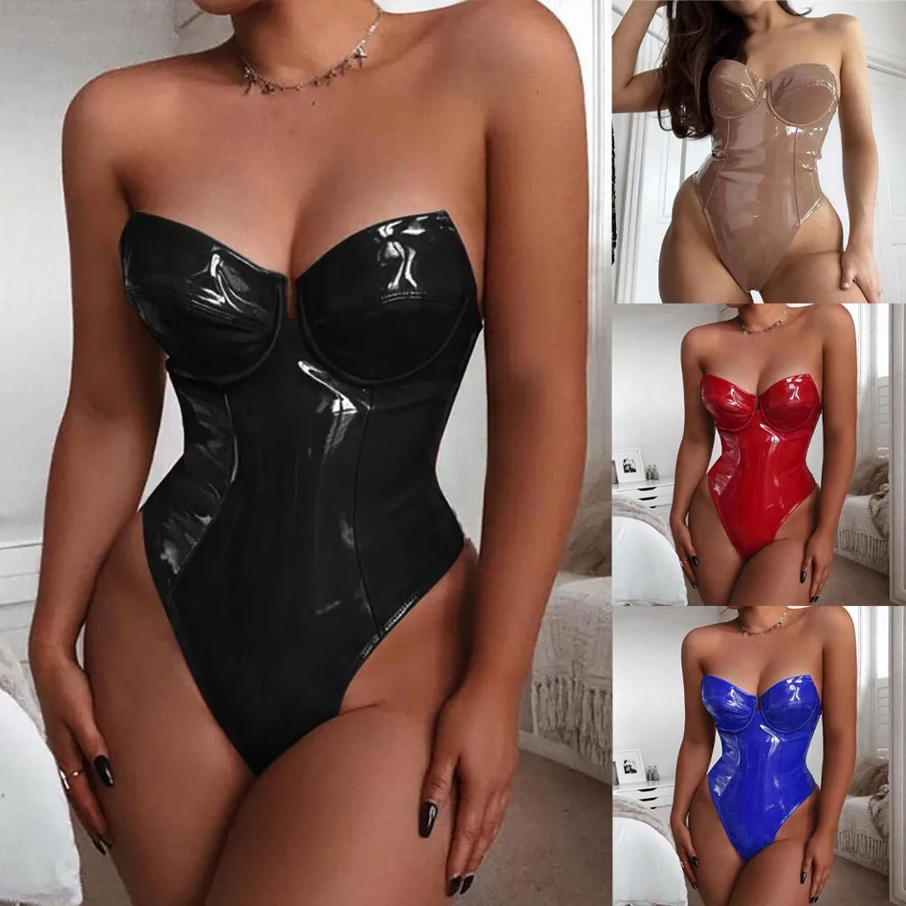 Dropshipping 2021 Plus Size Bodysuit Women Fashion Solid Color Patent Leather Corset Jumpsuit Sexy Lingerie Party Bar Tempting
