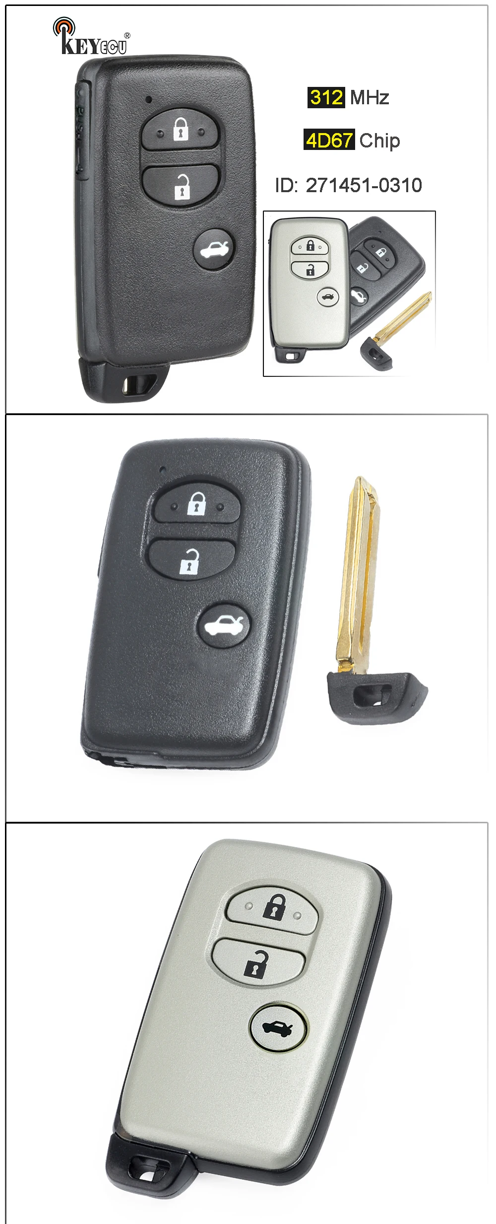KEYECU 312 МГц 4D67 чип 271451-0310 смарт 3 кнопки дистанционный ключ-брелок от машины для Toyota Camry Crown Mark X Majesta