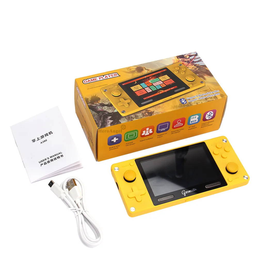 2021 A380 Retro Portable Mini Handheld joystick Console 32GB 4.0 Inch HD IPS Screen Kids Video Game Player Built-in 3600+ Games