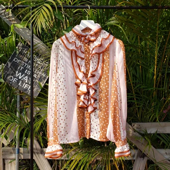 

HIGH STREET Newest Fashion 2020 Designer Blouse Women's Long sleeve Dot Print Ruffles Blouse Shirt