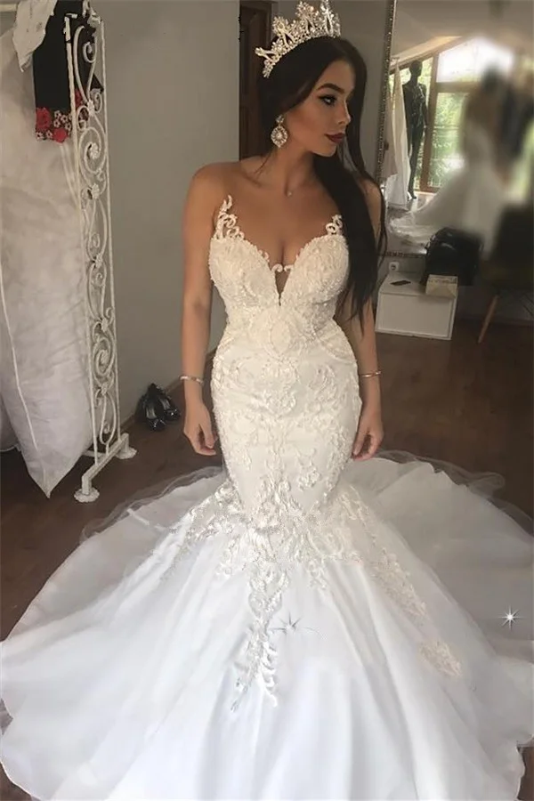 Vintage-Lace-Mermaid-African-Wedding-Dress-2019-Illusion-V-Neck-Appliques-Elegant-White-Bride-Dresses-Court