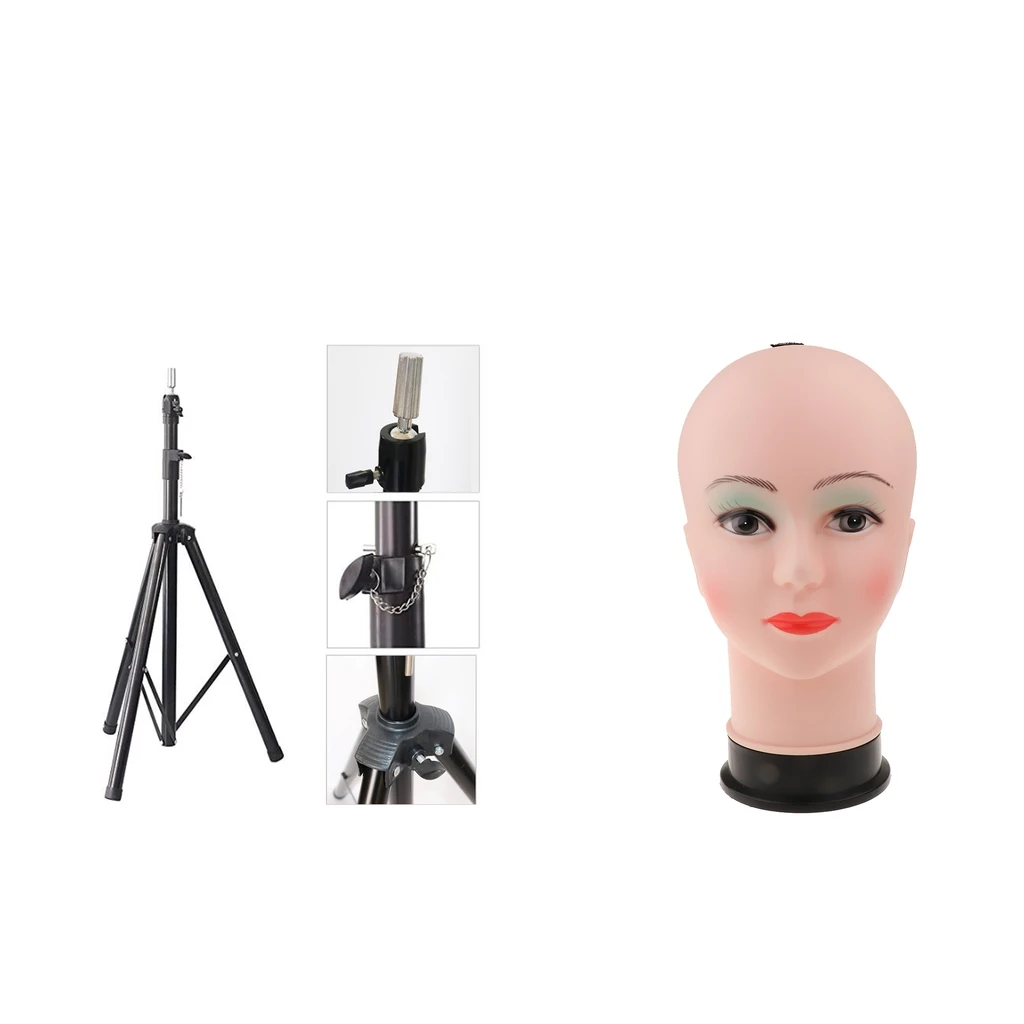 Wig PVC Mannequin Head + Multifunction Adjustable Tripod Doll Manikin Stand