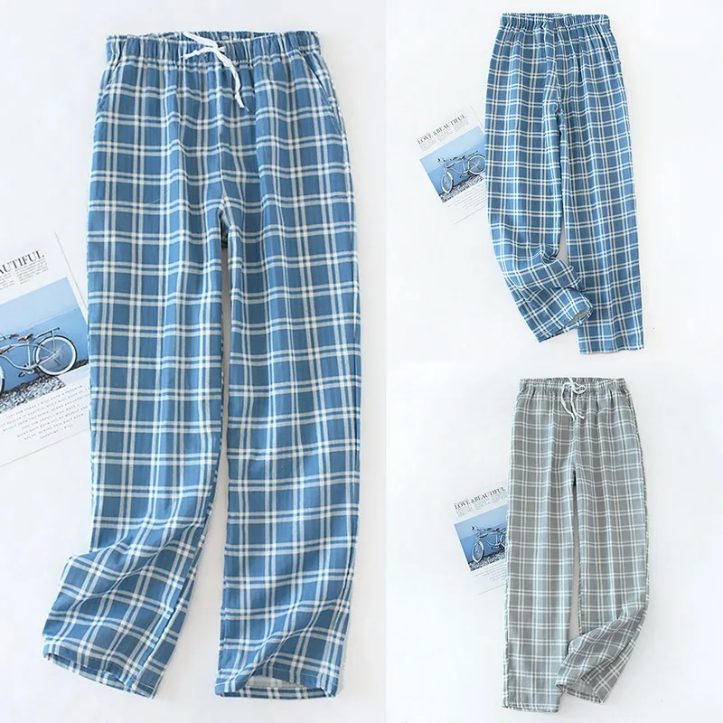 pajama pants Men's Cotton Sleep Trousers Plaid Knitted Sleep Pants Mens Pajamas Pants Bottoms Sleepwear Pajama Short Pijama Hombre mens silk pajamas