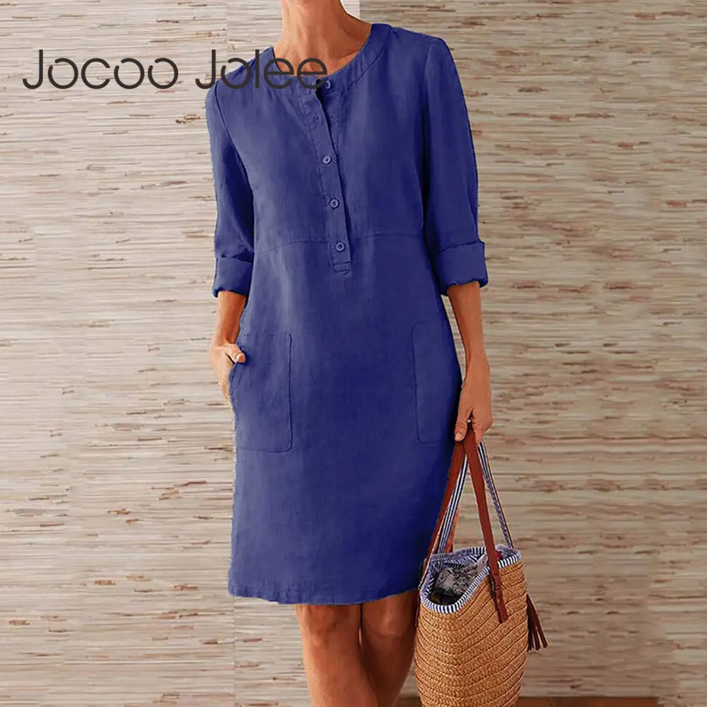 Jocoo Jolee Women Casual Soild Long Sleeve Cotton and Linen Tunic Dress Vintage Straight Dress Long Sleeve Oversized Mini Dress