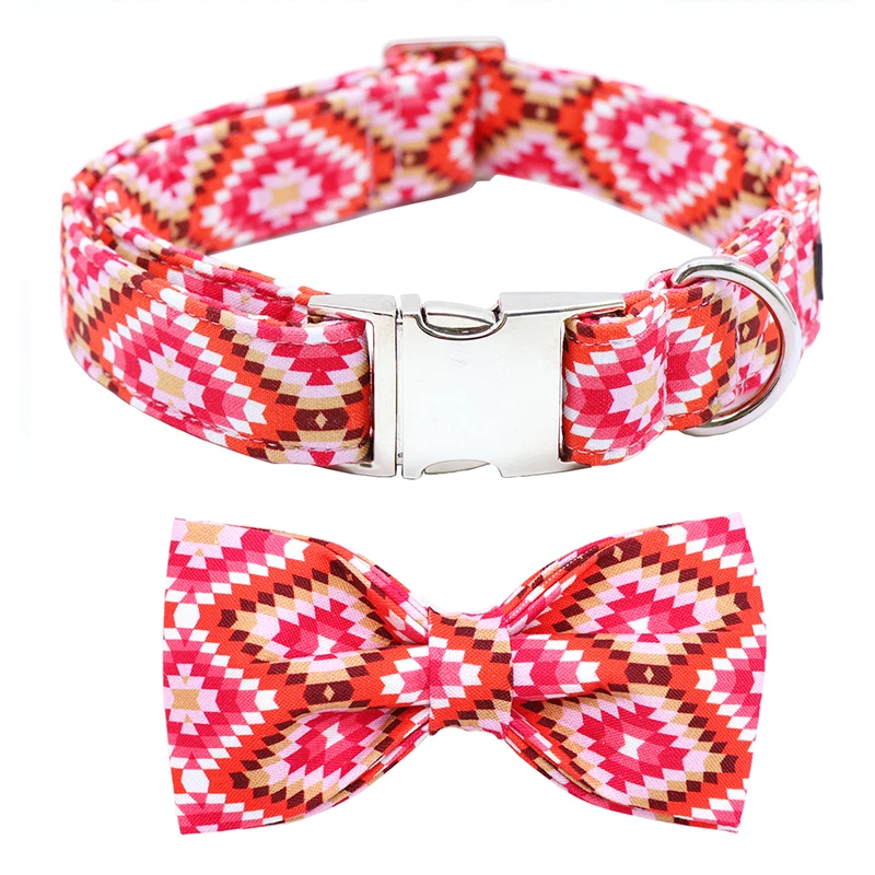 Red Plaid Cotton Fabric Dog Collar And Leash Set With Bow Tie For Big