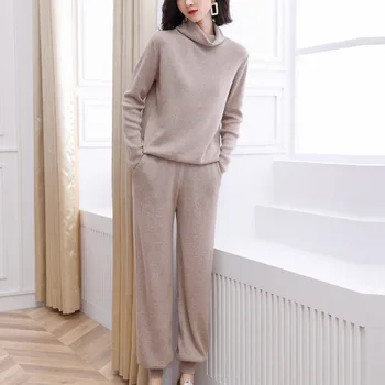 

Women suit track costume 2 pieces sets Autumn winter turtleneck pullovers and long knitted pants knitted suits 1001-145