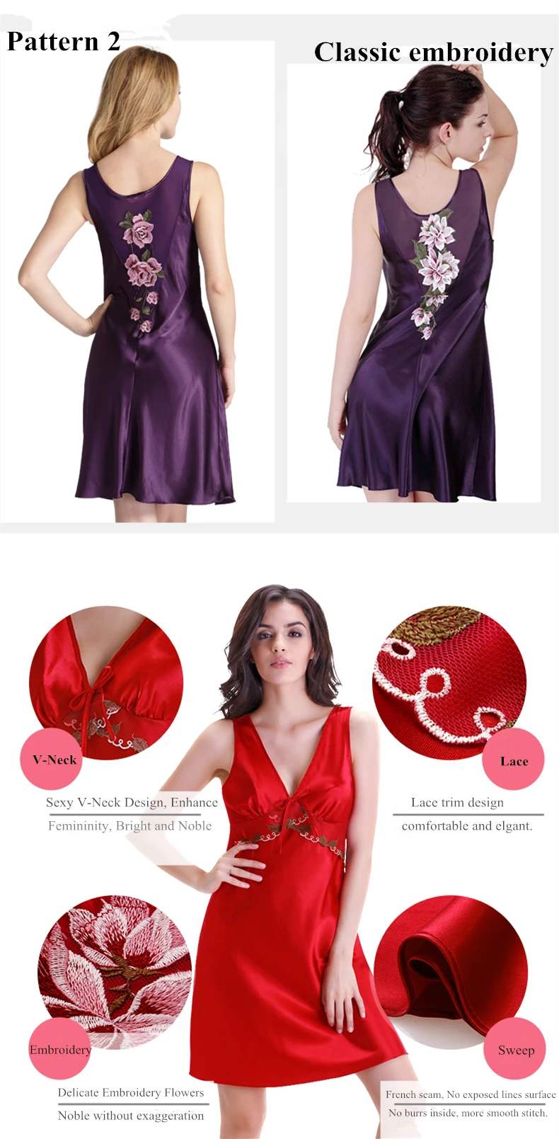 Flower embroidery silk nightgowns sleepwear
