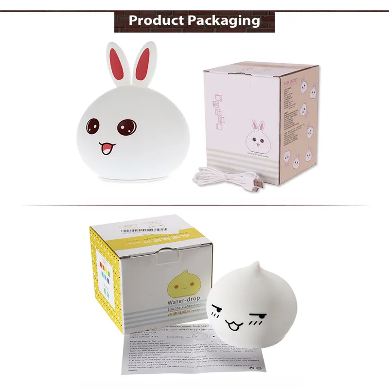 LED RGB Silicone Night Light Rabbit LED Water Droplets Silicone Nightlight 7 Color Changing Induction Lamp Bedroom Bedside Lamp