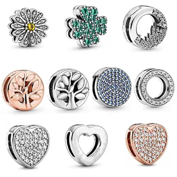

2020 New 925 Sterling Silver Rosegold Reflexions Clips Heart Flower Clip Charm Fit Original Pan Bracelet Women DIY Jewelry Beads