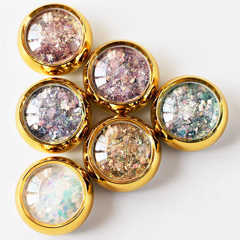 

6 Gold Jars Gradient Mermaid Glitter Flakes Nail Glitter Hexagon Holo Sequins Powder 3D Manicure Nail Art Colorful Paillettes