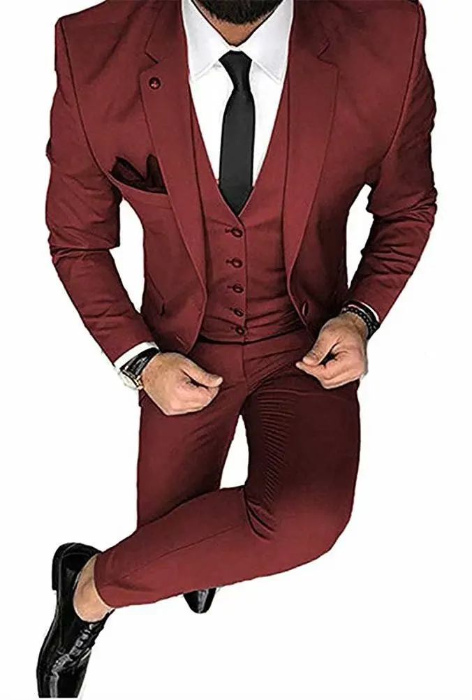 Burgundy Модный мужской зеленый приталенный Блейзер из 3 предметов, Классические Вечерние смокинги для жениха(Блейзер+ жилет+ брюки), новинка - Цвет: Burgundy