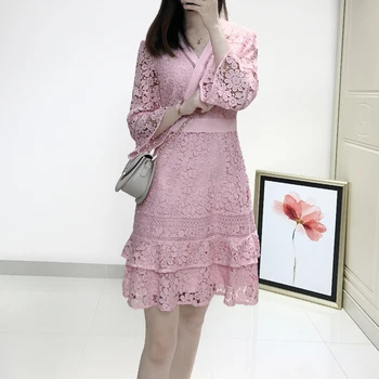

England Fasion Pink Multi Lace Embroidery V Neck Short Mini Dress