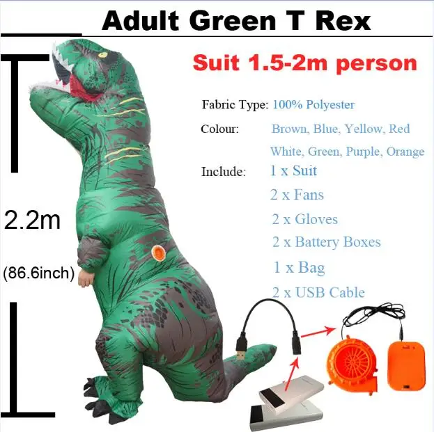 Мир Юрского периода взрослый Велоцираптор Костюм надувной T REX Raptor костюм Косплей динозавр вечеринка Хэллоуин костюм для женщин и мужчин - Цвет: Adult Green T rex