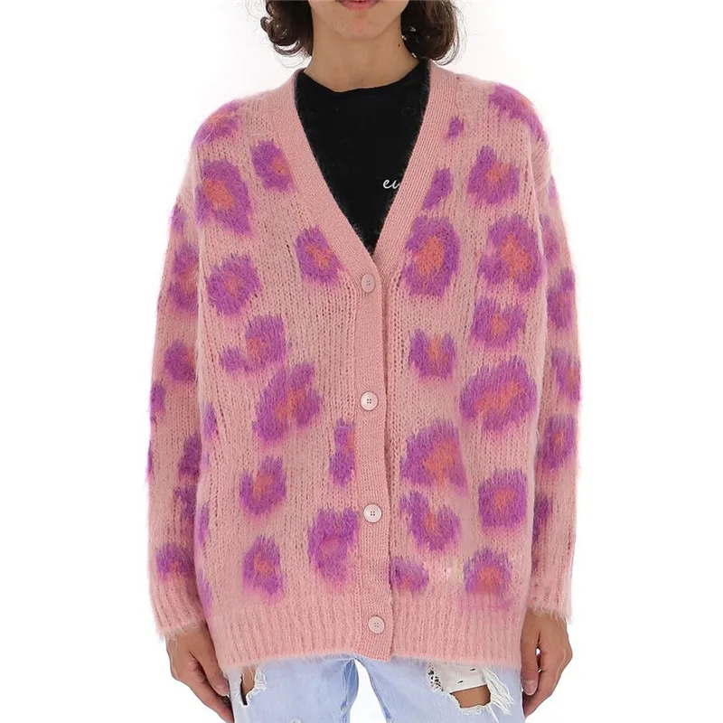 

2019 Fall Winter Sweet Pink Leopard Women Sweaters Cardigans Long Sleeve Korean Style Female Knitted Jumper Sweater Clothes