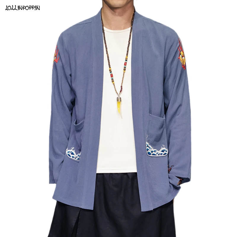 

Chinese Style Sea Wave Embroidery Men Kimono Shirt 2022 Spring Open Placket Cotton & Linen Mens Casual Thin Cardigan