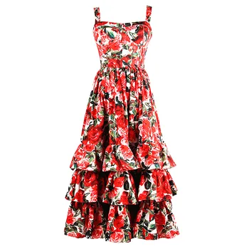 

ZCSMLL 2020 Beach Style Dress Women Halter Cascading Ruffle Floral Print Slim Waist Elegant Wild New Autumn Fashion Tide F405