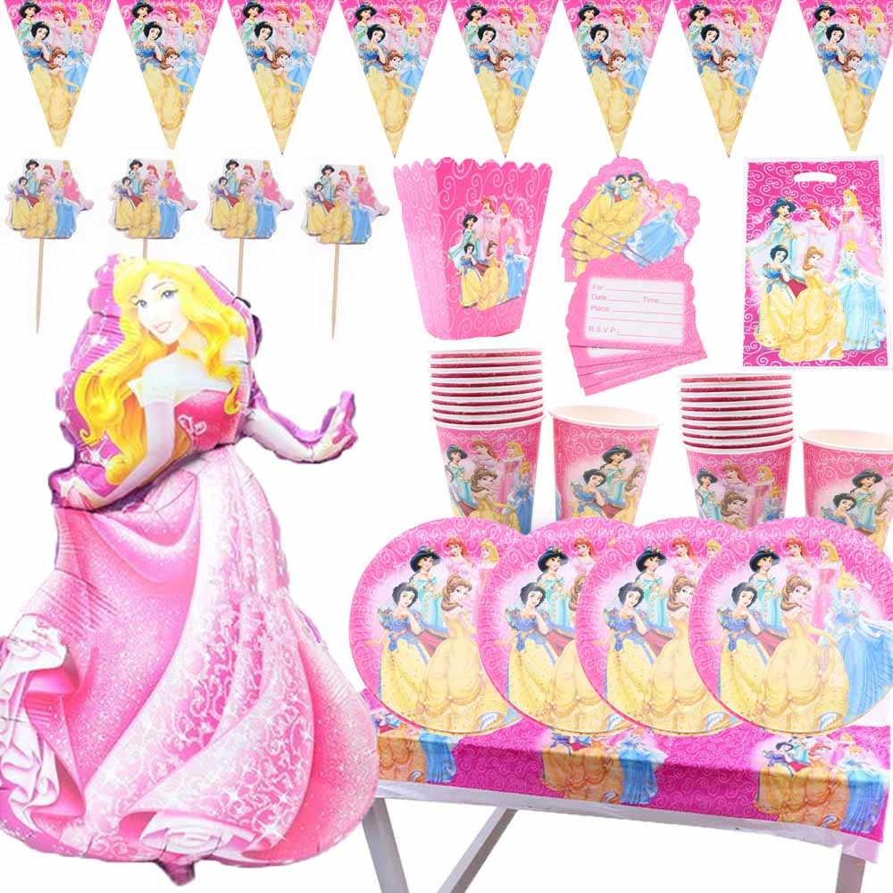 ディズニープリンセスのテーマ 誕生日パーティーの装飾 Cinderellaのテーマ テーブルクロス プレート カップ ベビーシャワー用品を備えた6人の 誕生日パーティーの装飾 使い捨てパーティー食器 Aliexpress