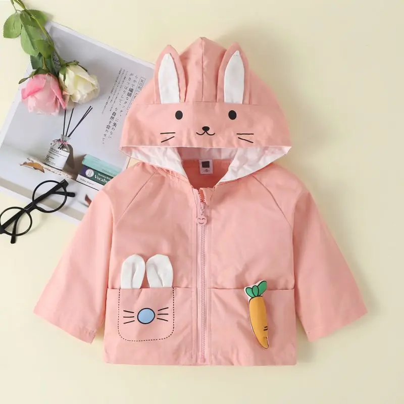 Весенне-осенняя куртка для маленьких девочек Хлопковое пальто с капюшоном и длинными рукавами для маленьких девочек хлопковая куртка на молнии с милыми заячьими ушками