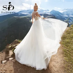 SoDigne Boho Wedding Dress 2021 New Fashion 3D Flower Half Flare Sleeves Bridal Dress Boning Corset Tulle Wedding Gowns