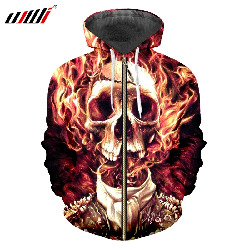 

UJWI FLowing 3D Flame Skull Hoodie Men Zip Hoody Zipper Tracksuit Sweatshirt Funny Jacket Pullover Coat Streatwear DropShip