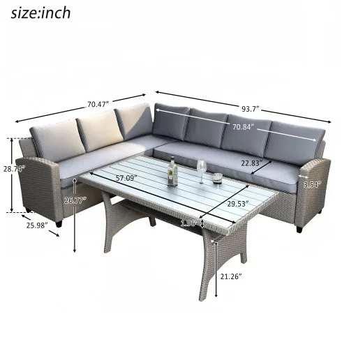 Outdoor Furniture Sectional PE Rattan Wicker Patio Set With Faux Wood Grain Top Table And Cushions Modern Design Garden Sets Outdoor Furniture Sectional PE Rattan Wicker Patio Set With Faux Wood Grain Top Table And Cushions Modern Design Garden Sets